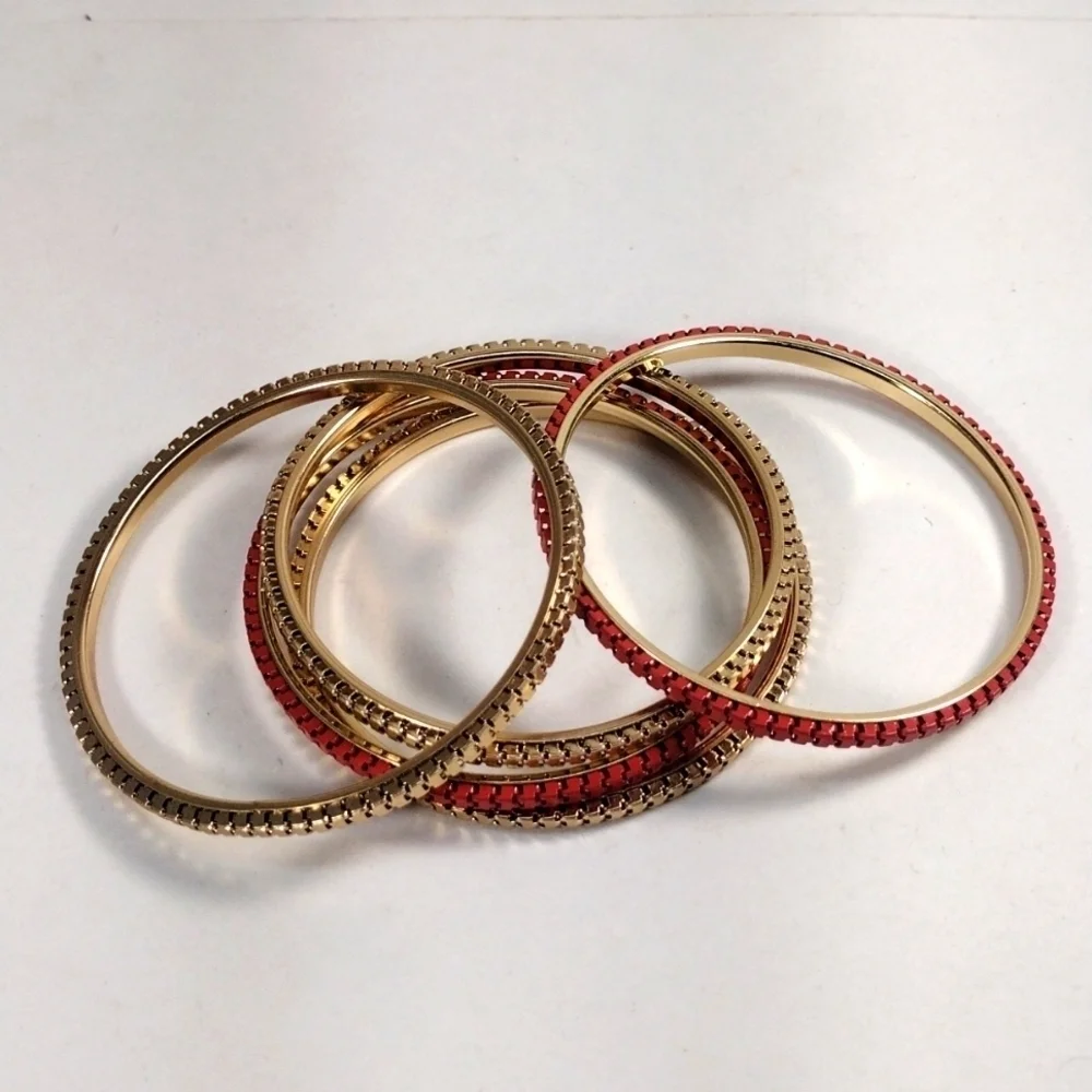 Women's Stunning Set of 5 Dainty Gold & Red Colors Bangle Bracelets Jewelry